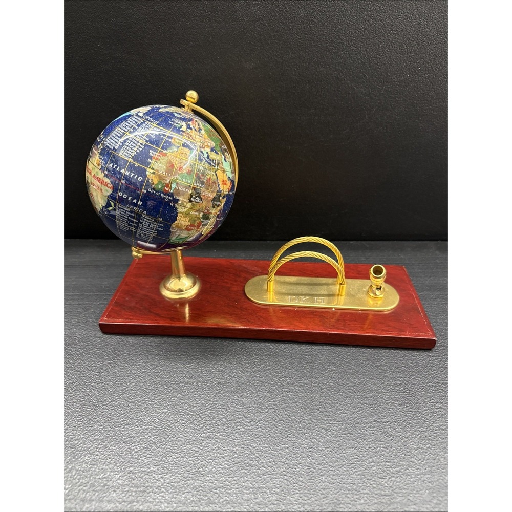 Blue Lapis & other gemstones Globe w/gold pen holder & wooden base Executive
